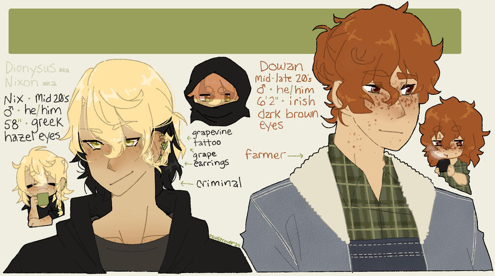 Nix (he/him), Dowan (he/him) © pawsprouts (All), softsleepyghost (All)