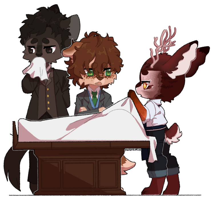 Borne (he/him); Finn (he/him); Theodore (he/him) © softsleepyghost (All); pawsprouts (All); c-alley (Art Fight)